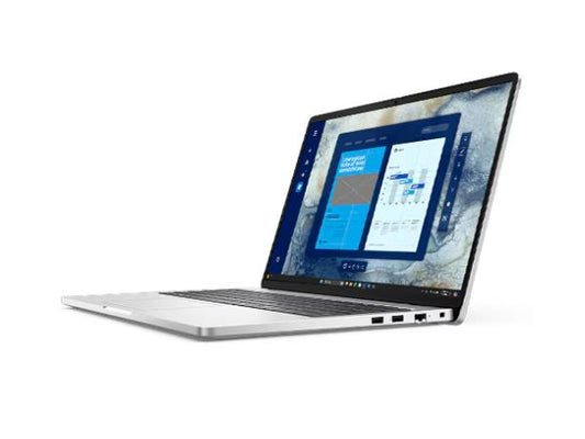 Dell Pro 16-inch laptop with open screen and keyboard, silver-gray chassis