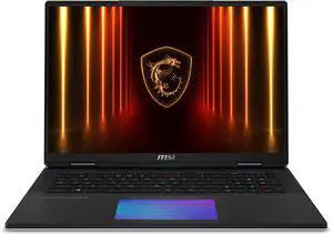 MSI TITAN 18 HX AI gaming laptop with backlit keyboard and glowing shield logo