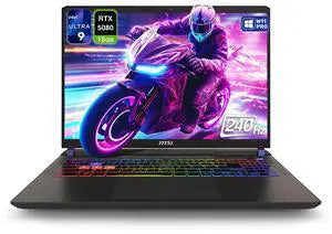 MSI gaming laptop, open with RGB keyboard and colorful character display