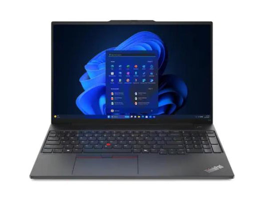 ThinkPad E16 G2 laptop with open display and full keyboard, dark gray