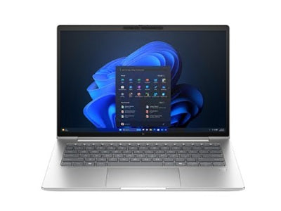 Silver 14-inch laptop with keyboard and open display, shown from front angle