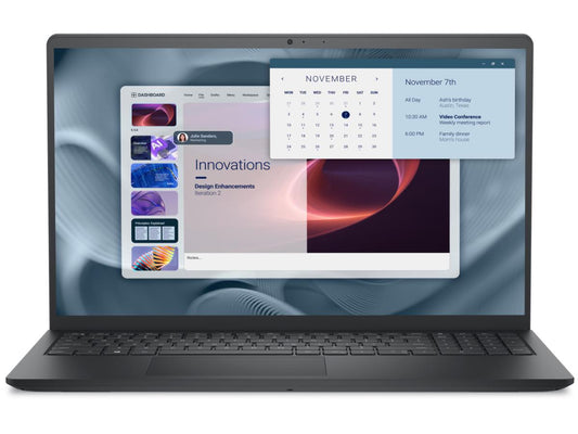 Black Dell Pro laptop with open screen and keyboard visible