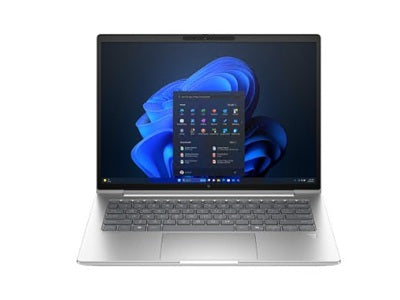 HP EliteBook 14-inch laptop with open keyboard and blue desktop screen