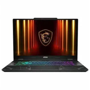 Dark gaming laptop with illuminated RGB keyboard and MSI emblem on screen