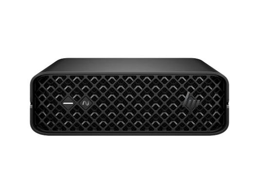 Black mini PC with front vented grille and dual small indicator icons