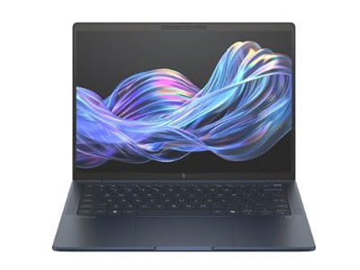 HP 14-inch EliteBook laptop, open with colorful wave display