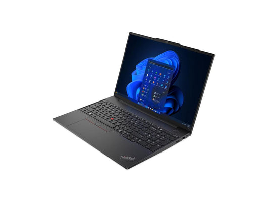 Lenovo ThinkPad laptop with open screen and black keyboard, angled view
