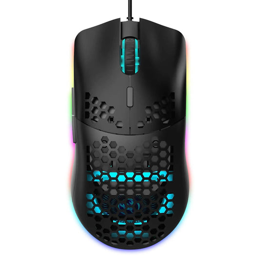 Black wired gaming mouse with honeycomb hollow hex cutouts and RGB lighting in central strip