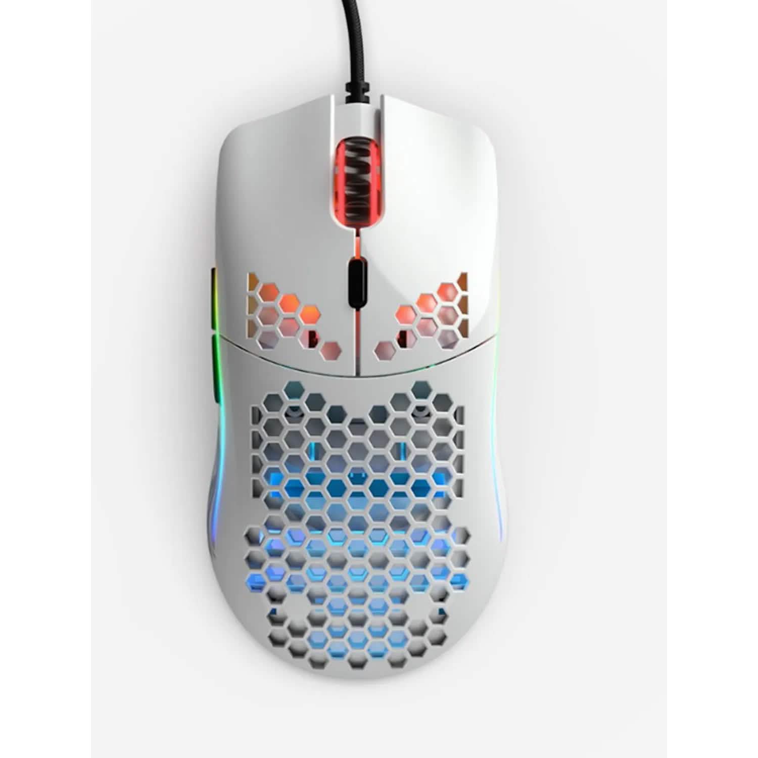 White wired gaming mouse with honeycomb hollow hex cutouts and blue RGB lighting