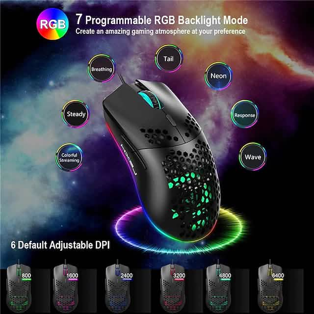 Black wired gaming mouse with honeycomb hollow hex cutouts and multicolor RGB lighting