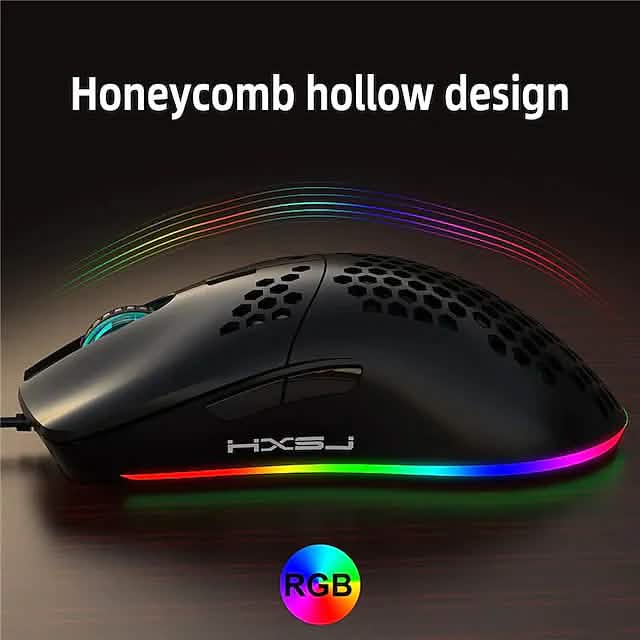 Black gaming mouse with honeycomb hollow top and multicolor RGB light strip along base