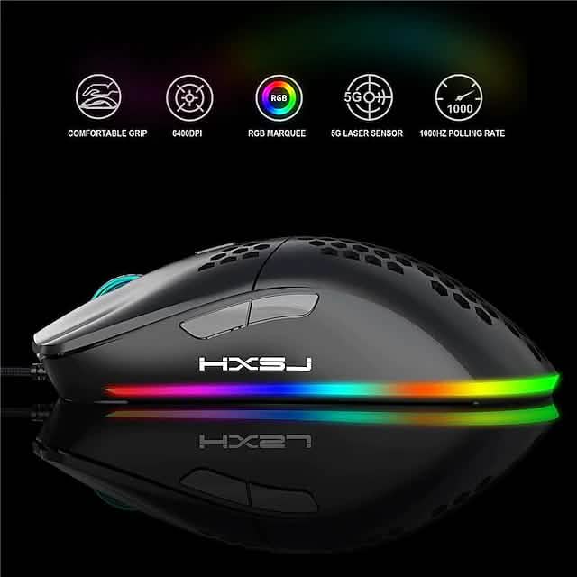 Black gaming mouse with honeycomb hollow body and rainbow RGB light bar along side