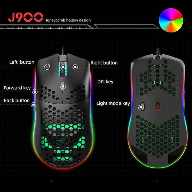 Two wired gaming mice side by side with honeycomb hollow hex cutouts and RGB lighting