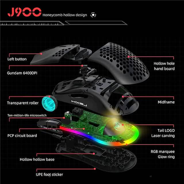 Exploded view of black honeycomb hollow wired gaming mouse showing internal components