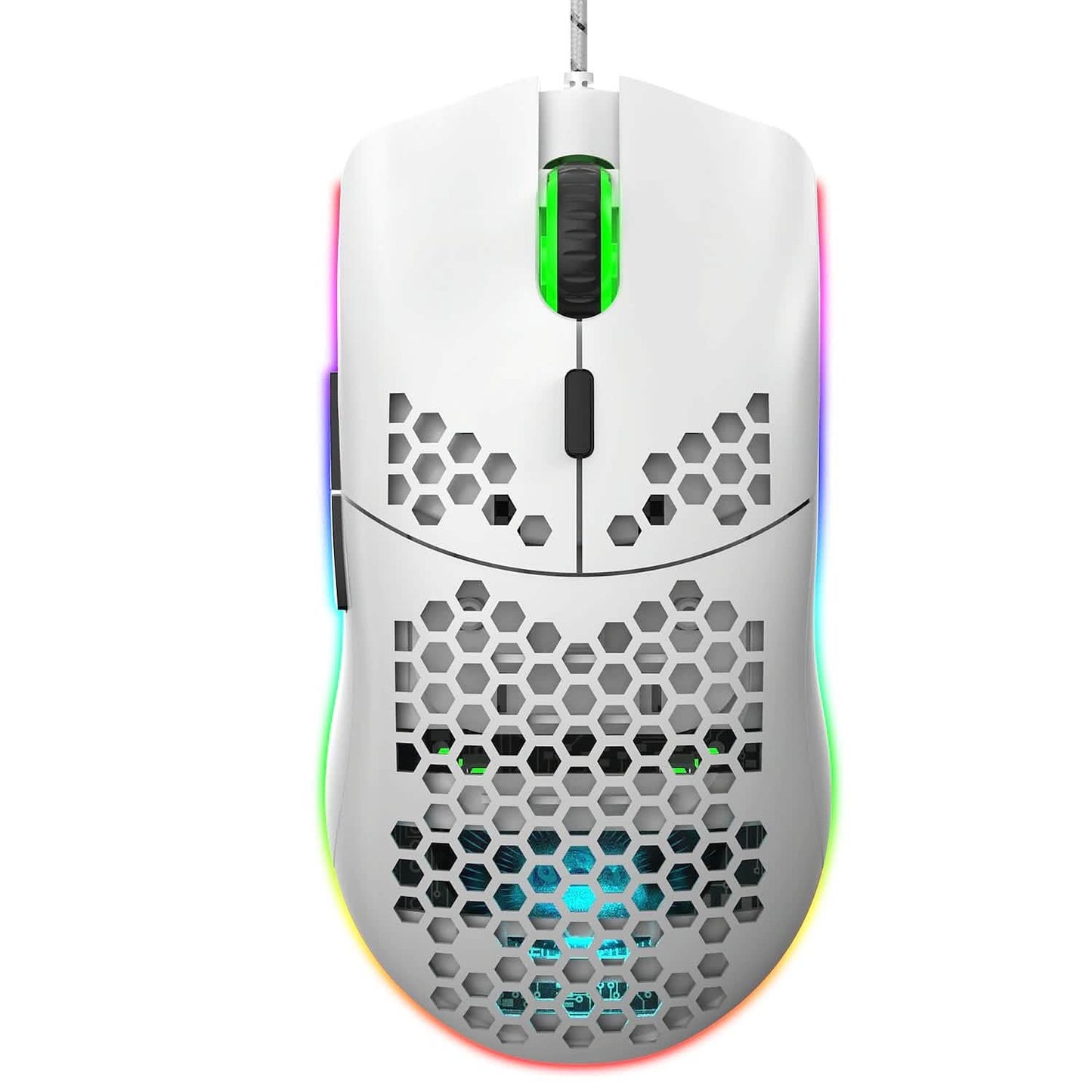 White wired gaming mouse with honeycomb hollow hex cutouts and RGB light through body vents