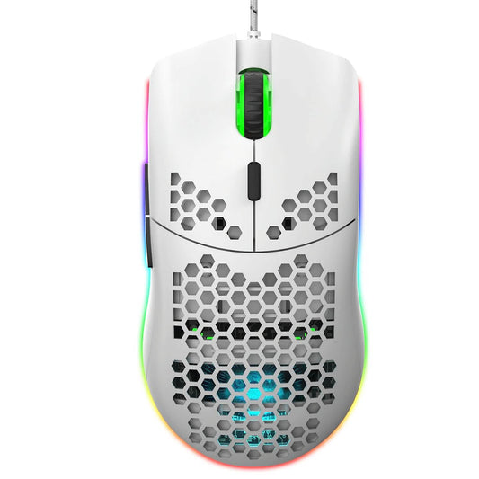 White wired gaming mouse with honeycomb hollow hex cutouts and RGB light through body vents