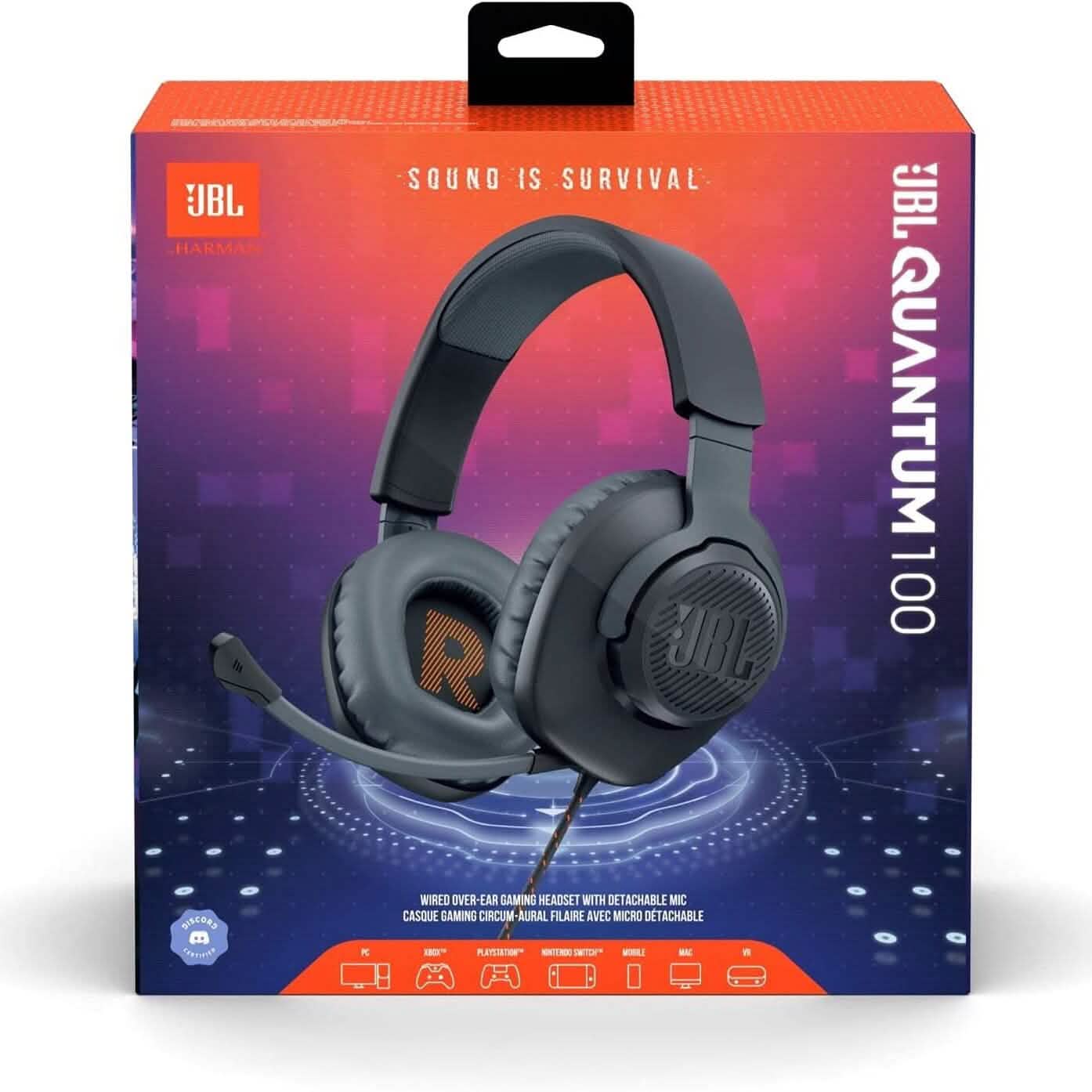 Retail box for JBL wired over-ear gaming headphones with black headset illustration