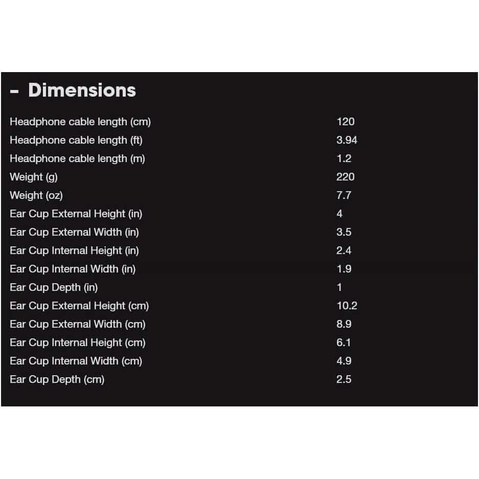 Headphone dimensions chart listing cable length, weight, and ear cup measurements