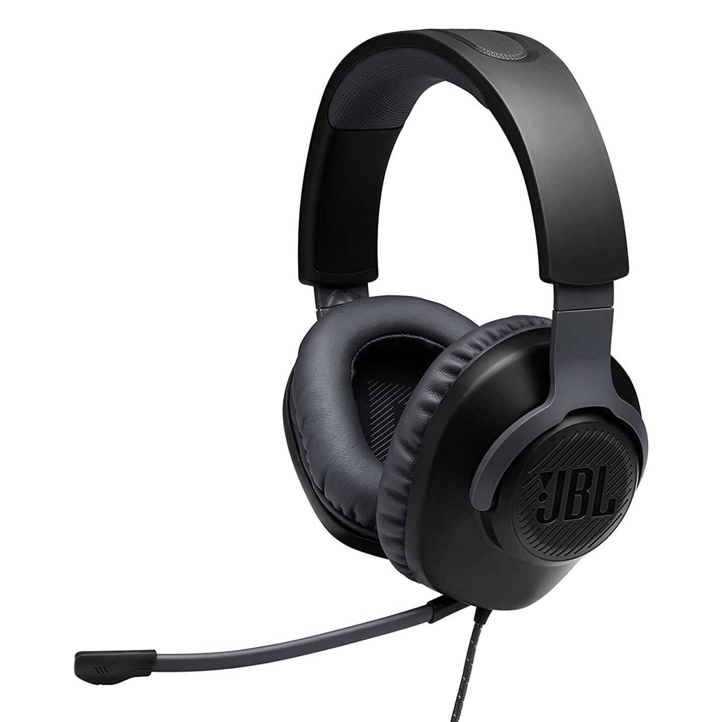 JBL Quantum 100 wired over-ear gaming headphones with padded black ear cups and headband