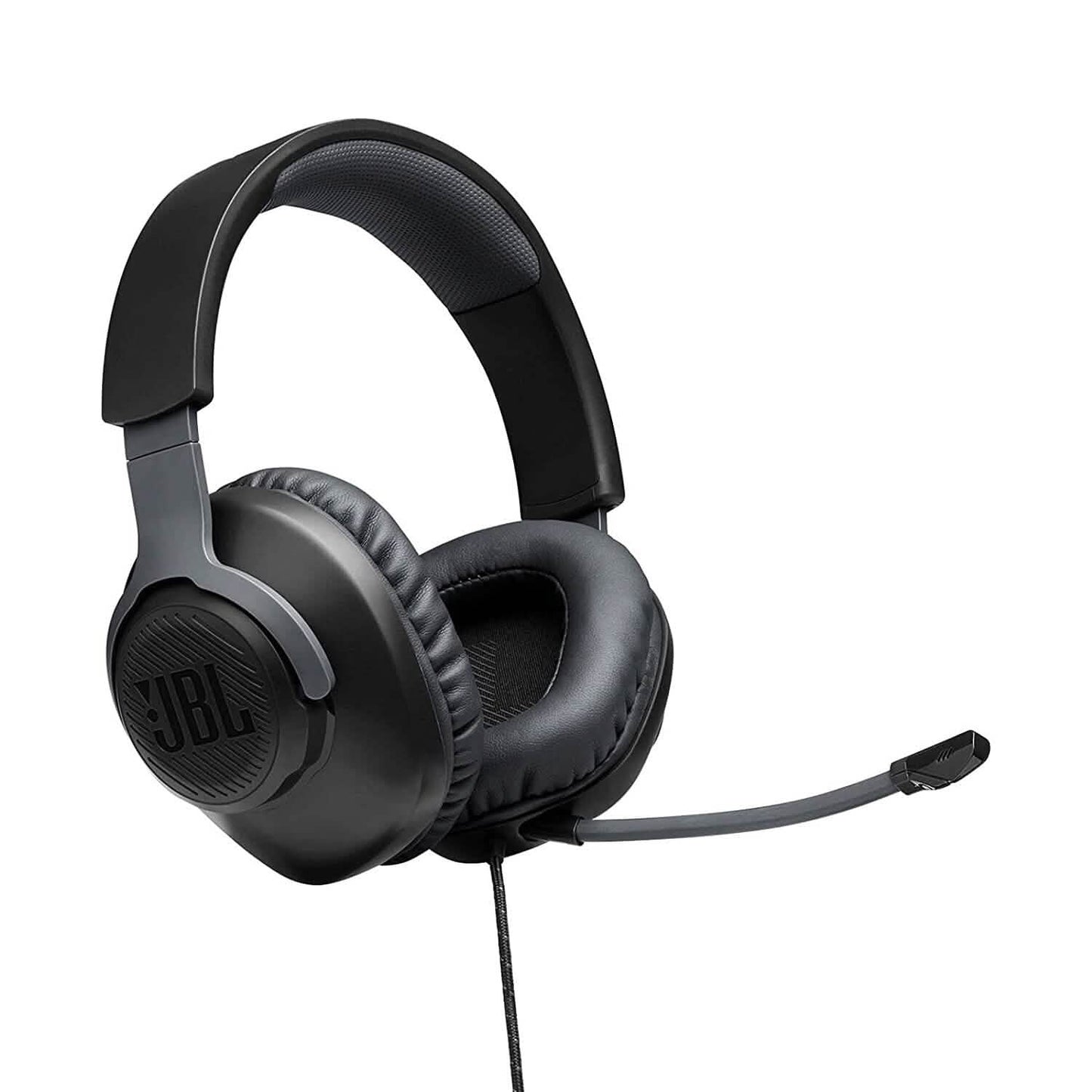 JBL Quantum 100 wired over-ear headphones showing left ear cup, headband, and attached mic cable