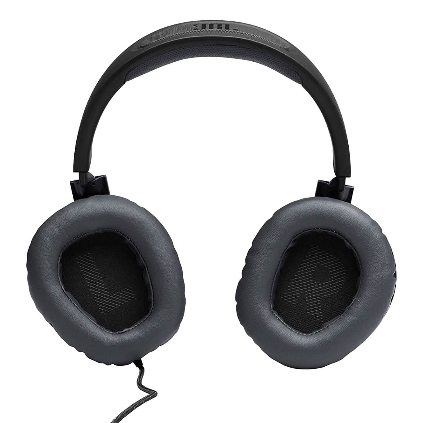 JBL Quantum 100 over-ear headphones with black ear pads and breathable mesh speaker grilles