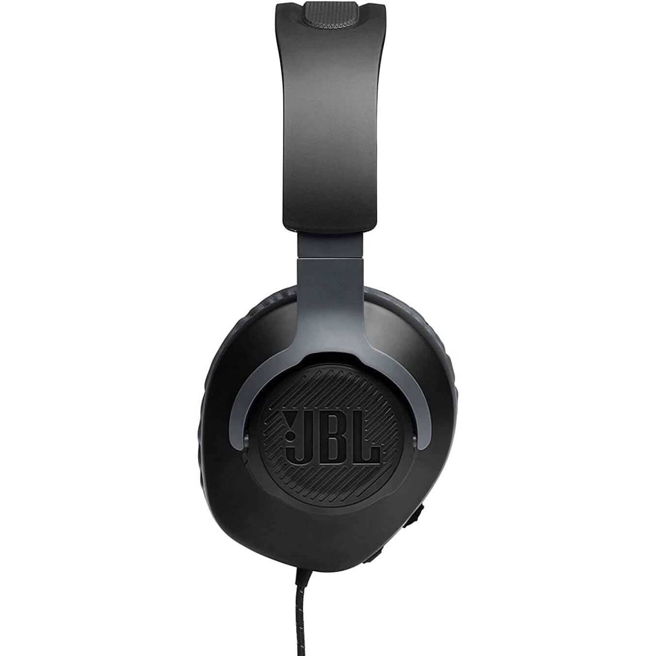 JBL Quantum 100 over-ear headphones underside with JBL logo and wired connection