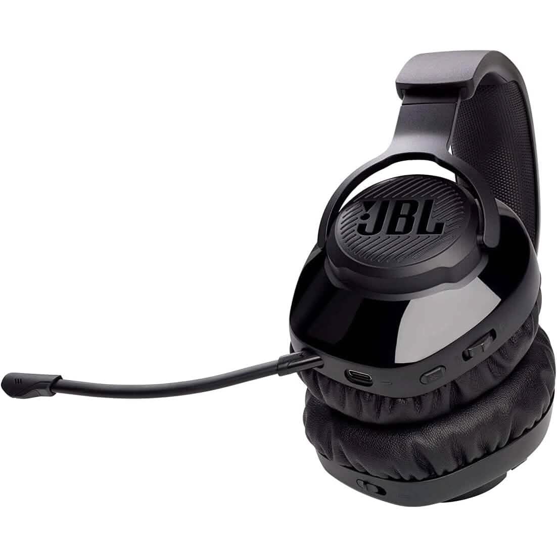 Wireless headset with over-ear cushions, boom mic, and side controls ports