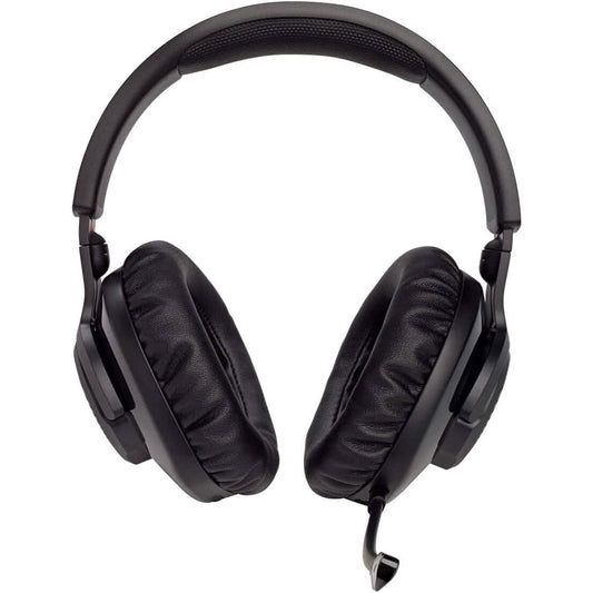 Over-ear wireless headset with cushioned ear pads and black headband