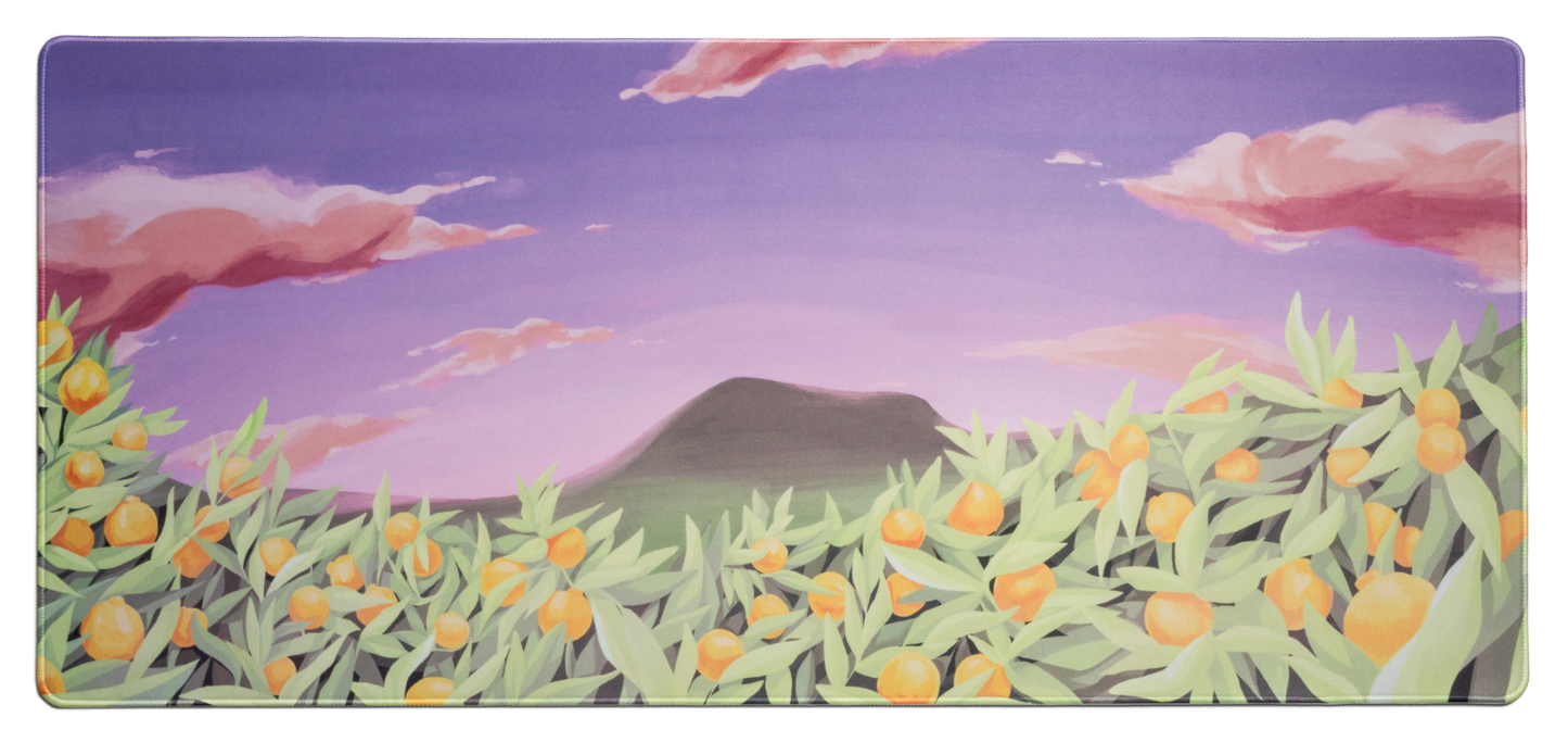 Jeju desk mat with lavender sky and peach clouds over green landscape, illustrated fruit