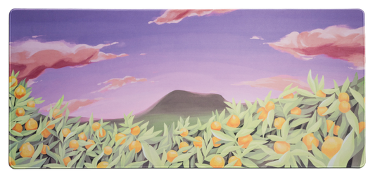 Jeju desk mat with lavender sky and peach clouds over green landscape, illustrated fruit