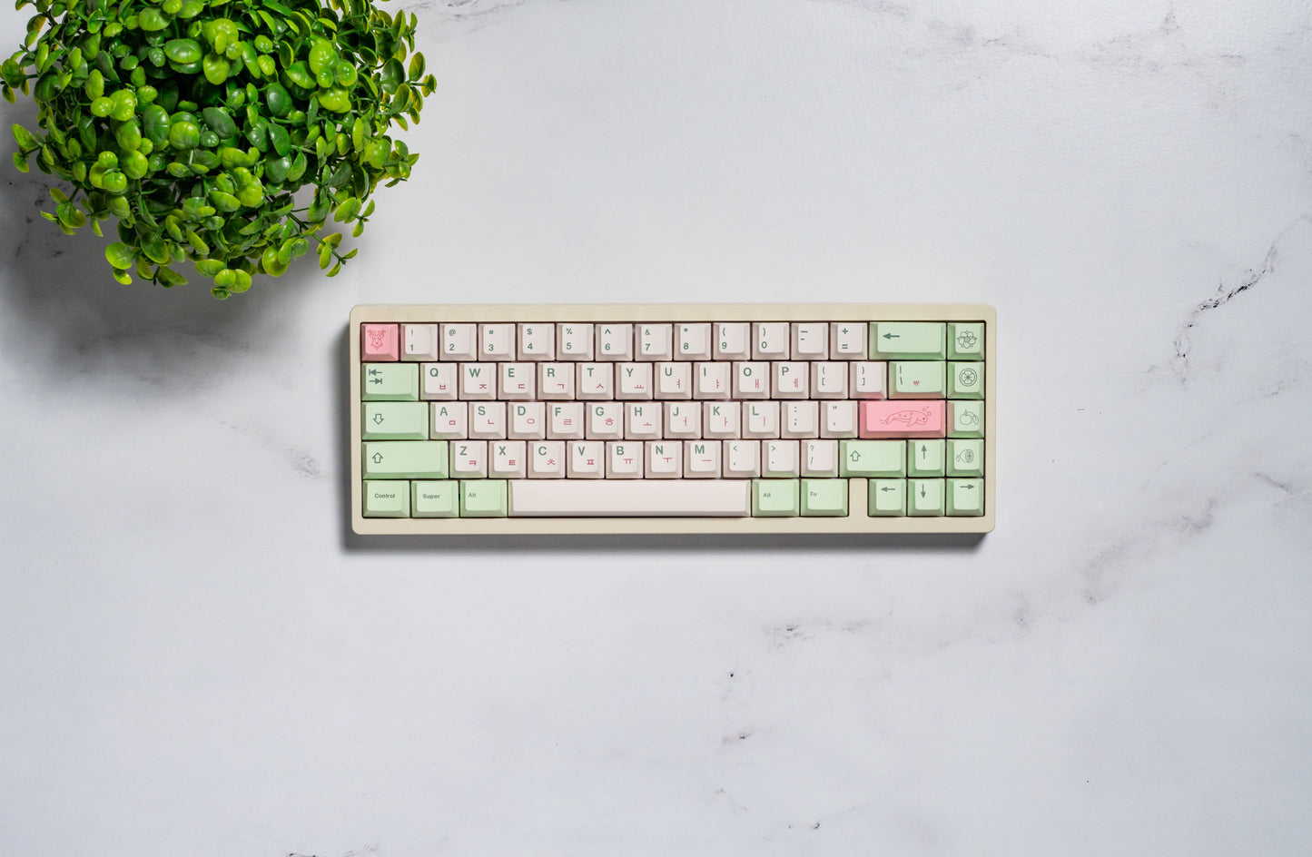 Top view of pastel keyboard keycaps, mint and pink accents on a white key set.