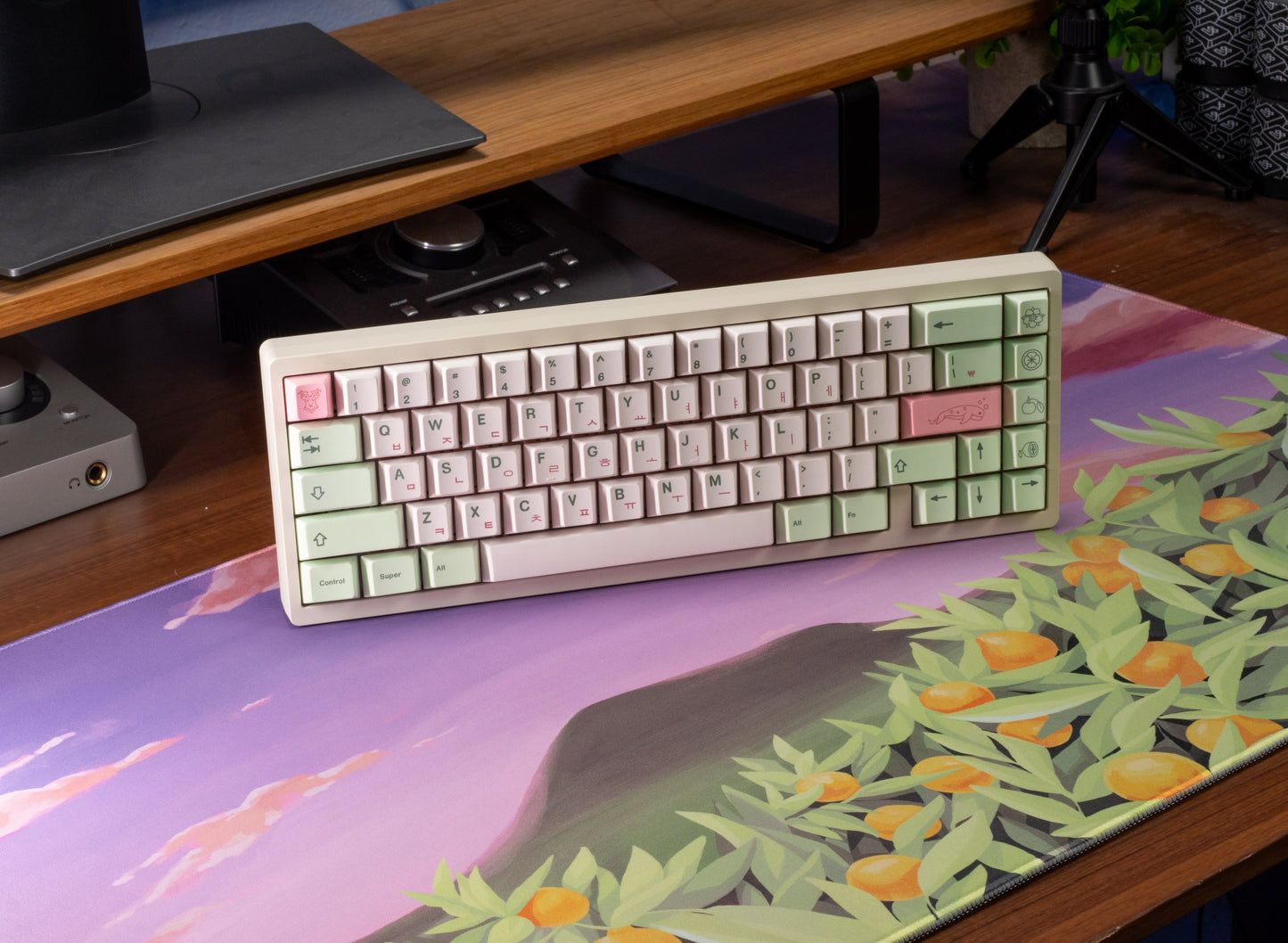 Side view of pastel keycaps on keyboard, mint and pink keys with printed legends.