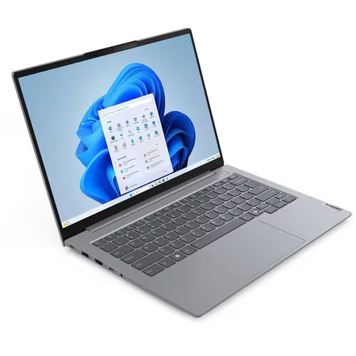 Gray Lenovo ThinkBook 14 laptop with open display and full-size keyboard