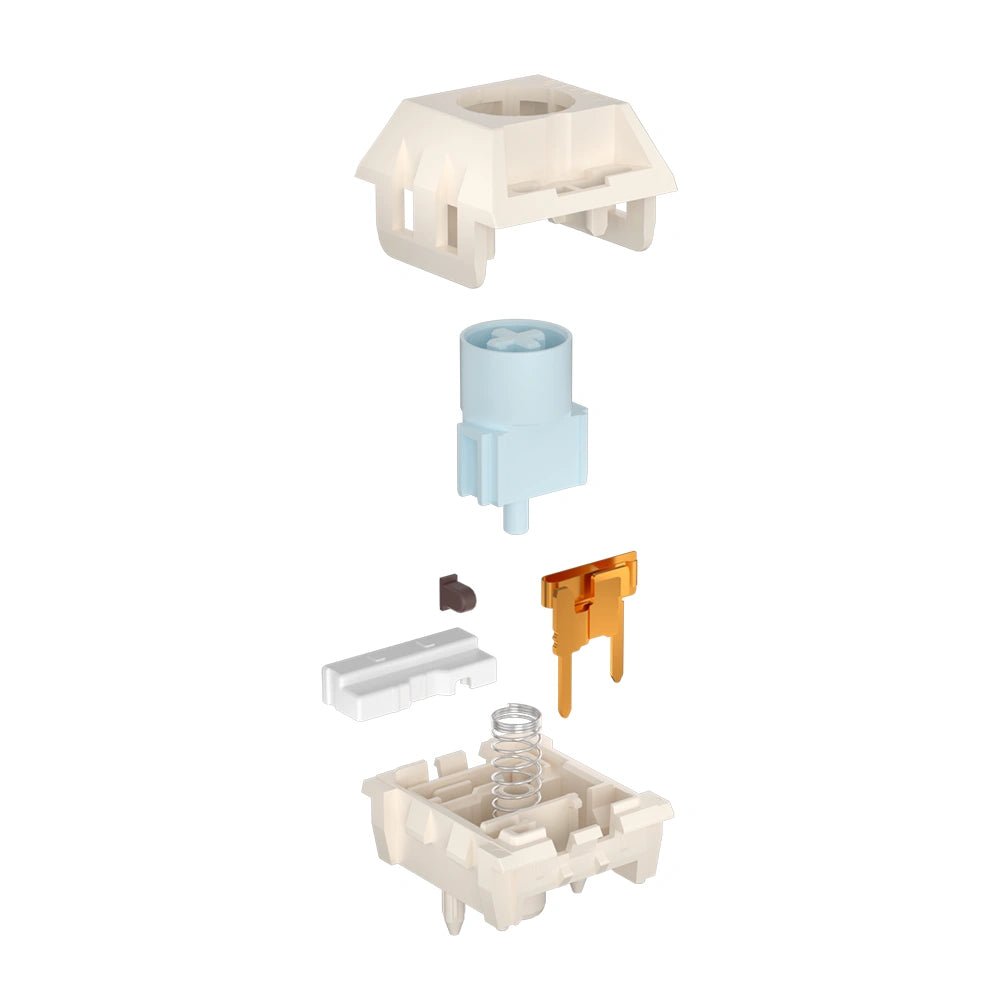 Exploded mechanical keyboard switch parts: white housing, light-blue stem, spring and clips