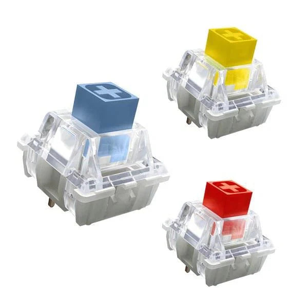 Box heavy switches, blue, yellow, and red tops with clear housings and stems