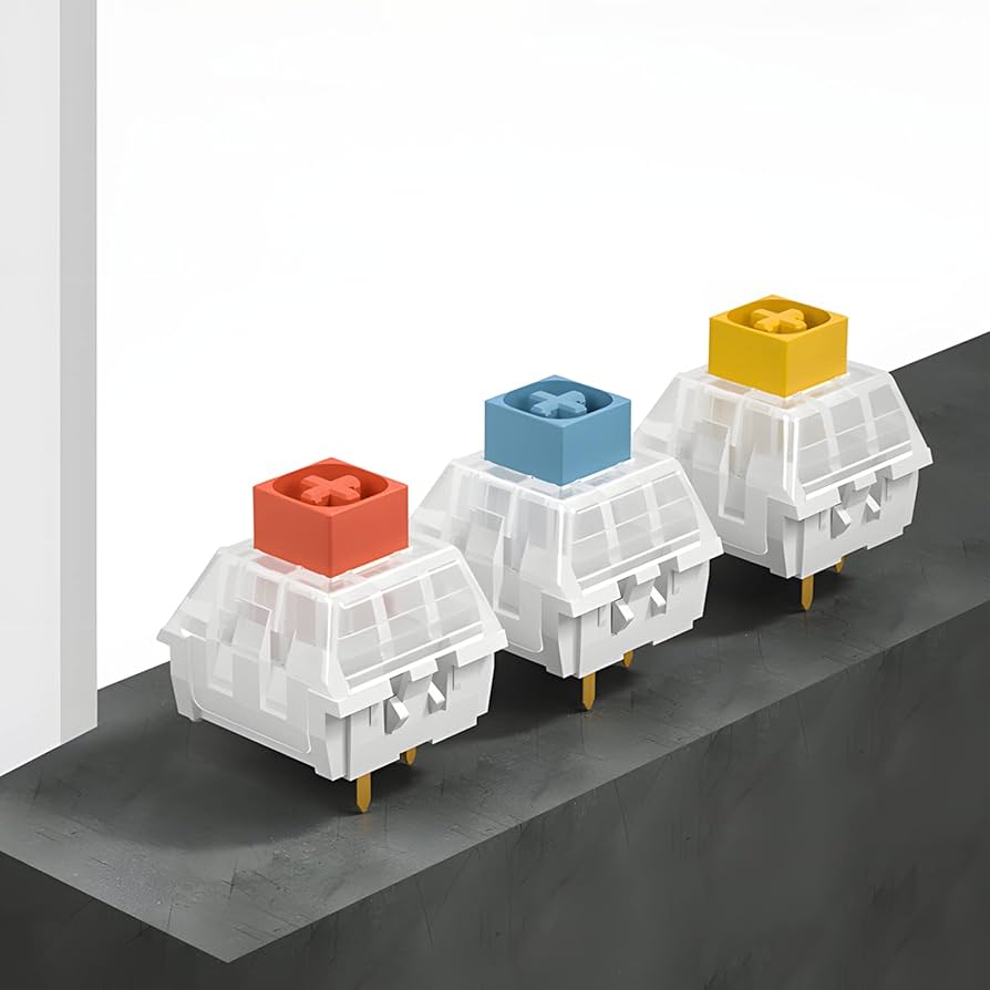 Box heavy switches, red, blue, and yellow tops with clear housings and stems