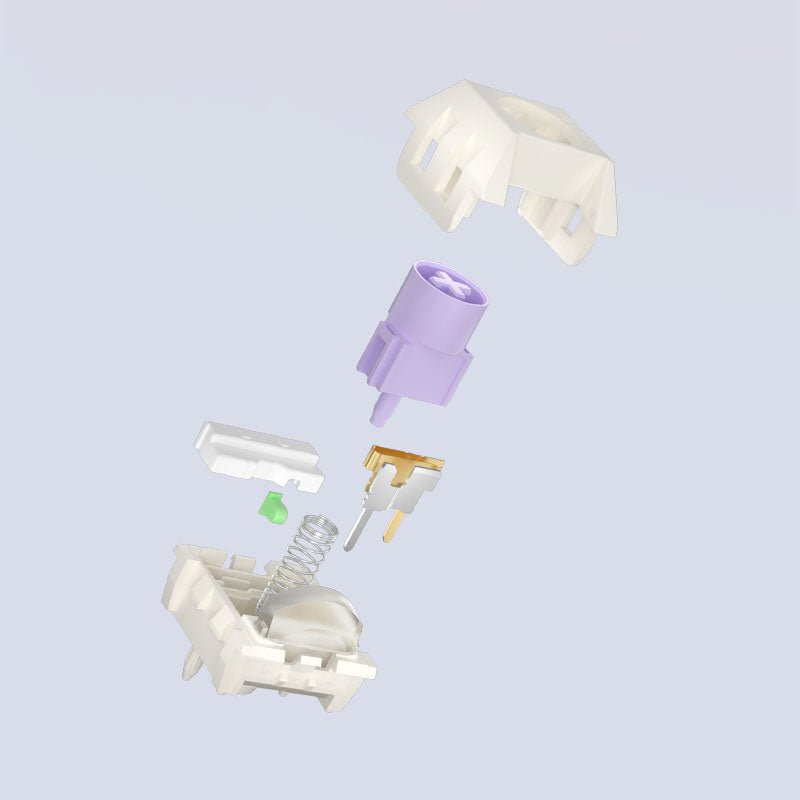 Mechanical keyboard switch exploded view, showing purple stem and internal parts