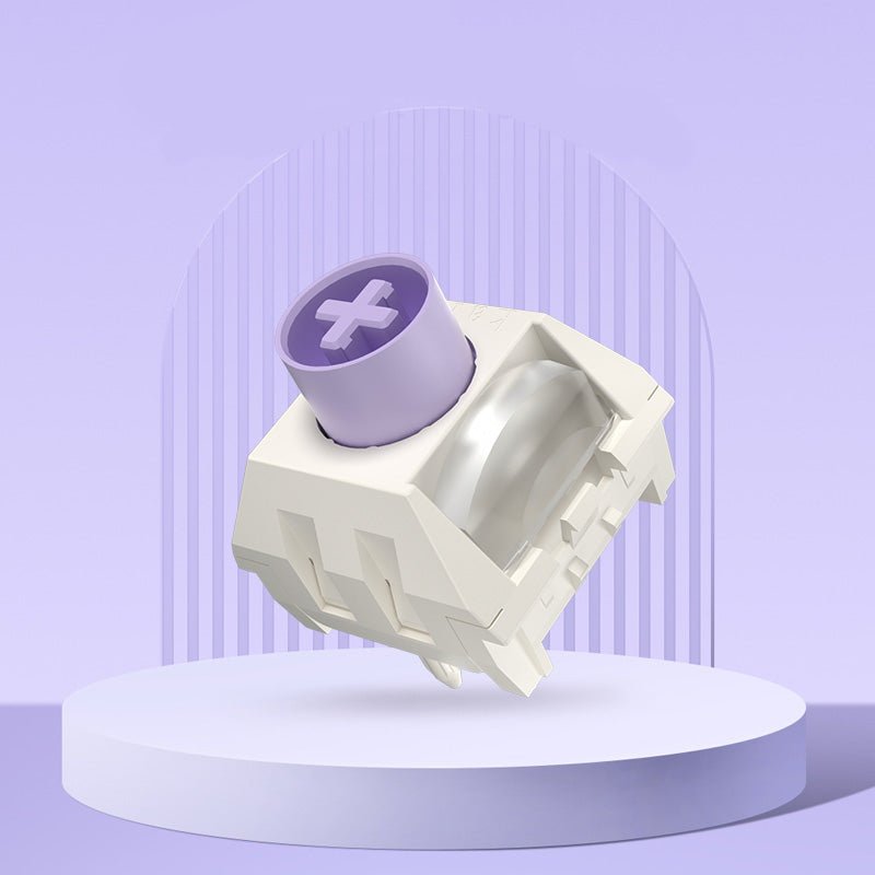 Mechanical keyboard switch on white platform, purple stem on white housing