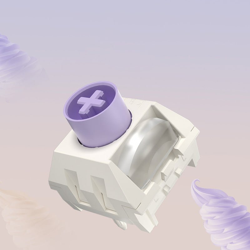 Mechanical keyboard switch, white base with purple stem and side mounting pins