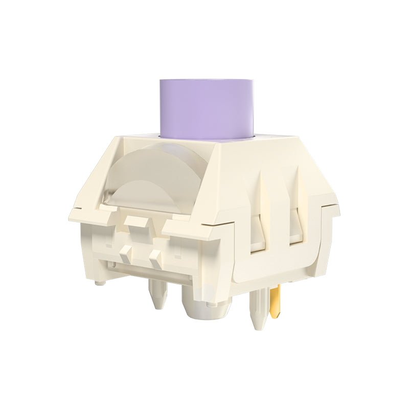 Mechanical keyboard switch with purple stem, white housing, and visible contact parts