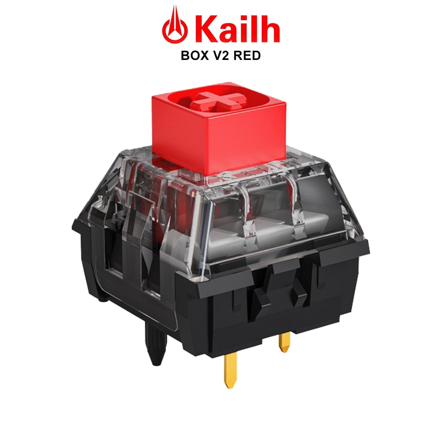 Kailh Box V2 switch with red keycap and clear housing, black base with gold pins
