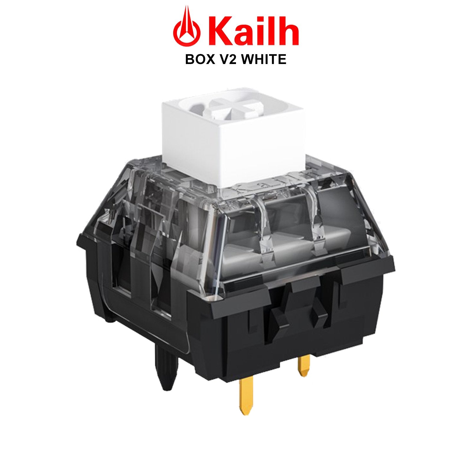 Kailh Box V2 switch with white keycap, transparent housing, and black base