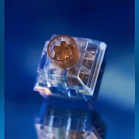 Kailh Deep Sea Silent Pro switch close-up, copper stem in clear blue housing