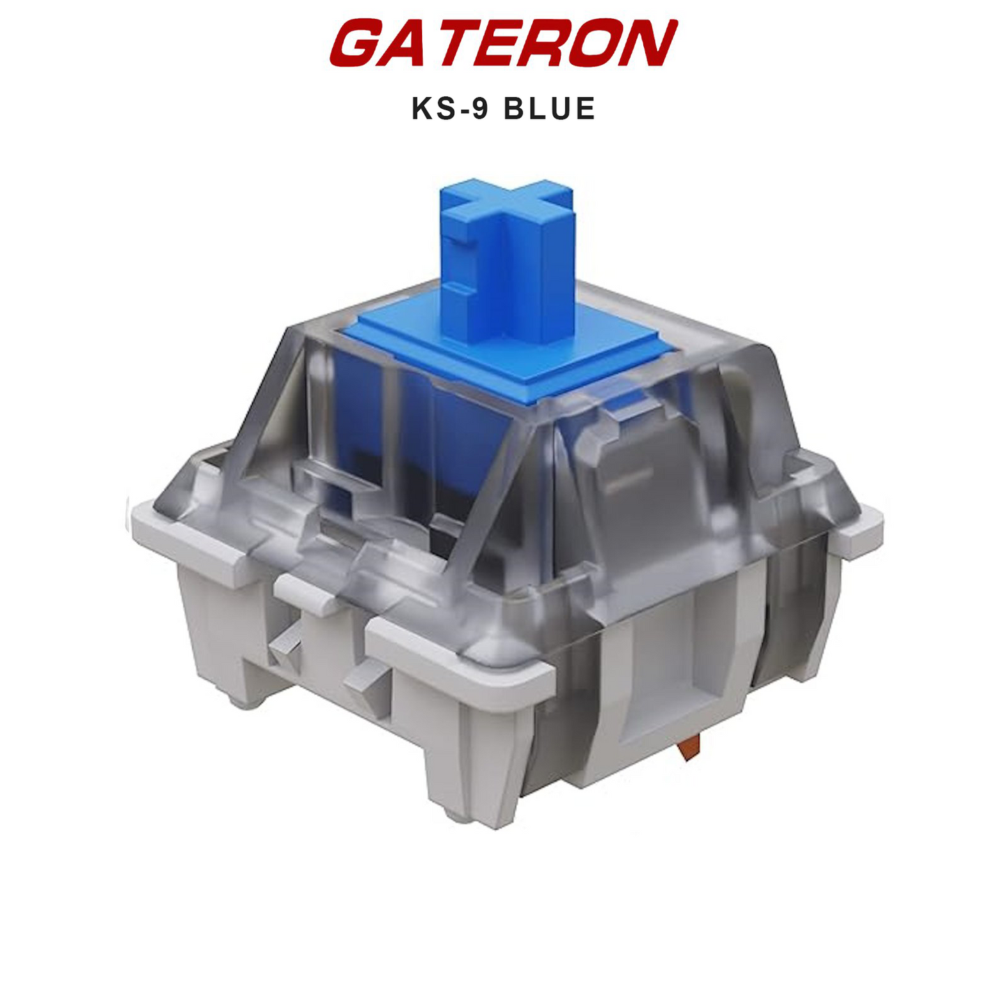 Gateron KS-9 switch with blue stem and gray housing, metal slider visible