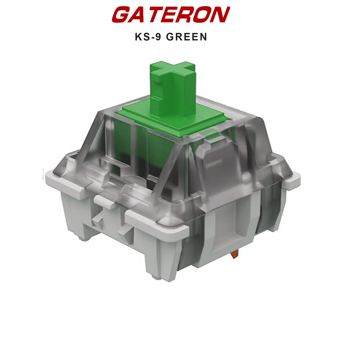 Gateron KS-9 switch with green stem and gray housing, metal slider visible