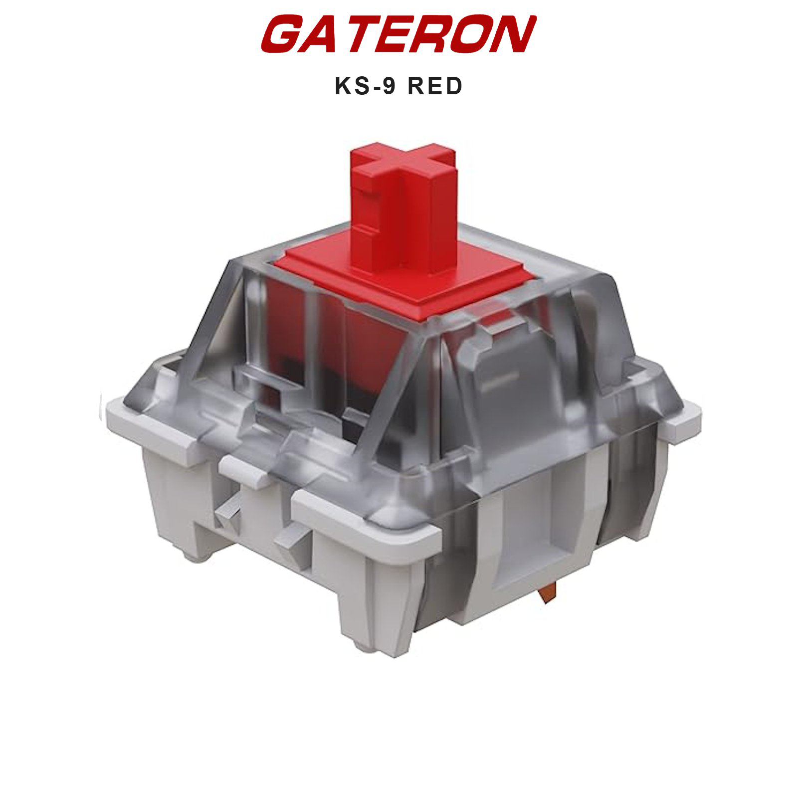 Gateron KS-9 switch with red stem and gray housing, metal slider visible
