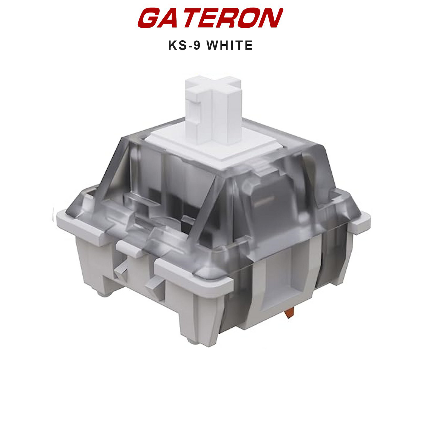 Gateron KS-9 switch with white stem and gray housing, metal slider visible
