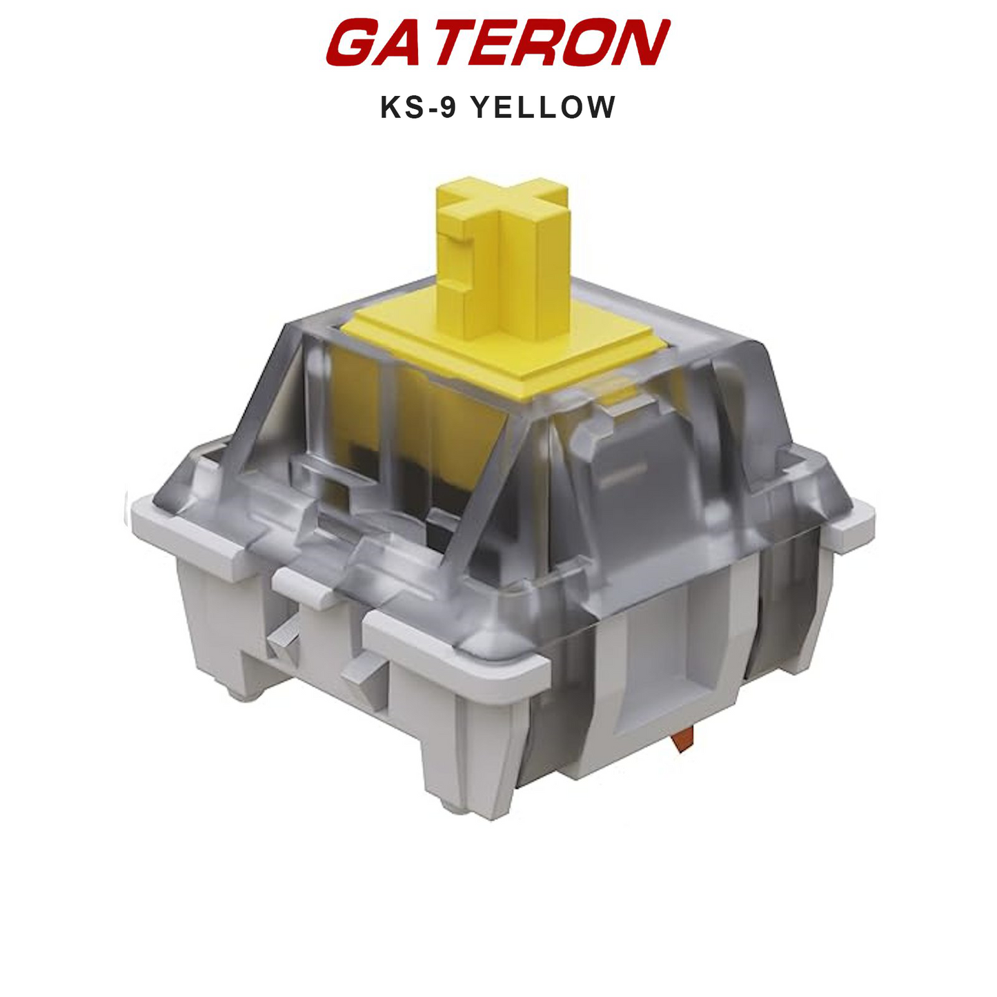 Gateron KS-9 switch with yellow stem and gray housing, metal slider visible