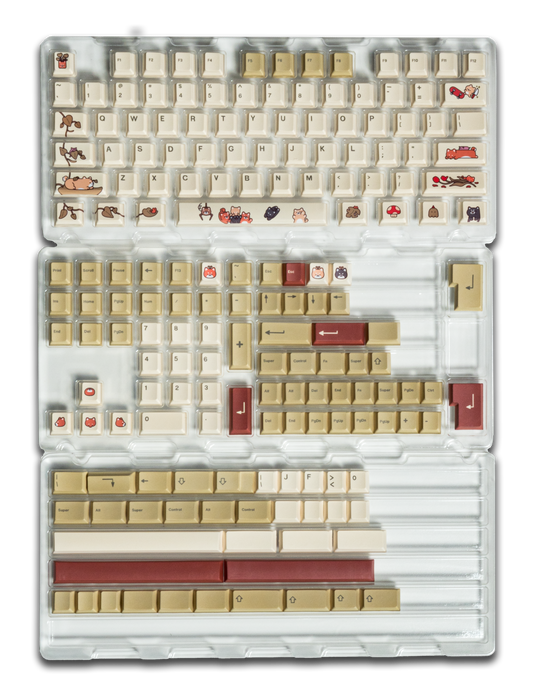 Cream and beige PBT keycap set with cartoon character and icon prints