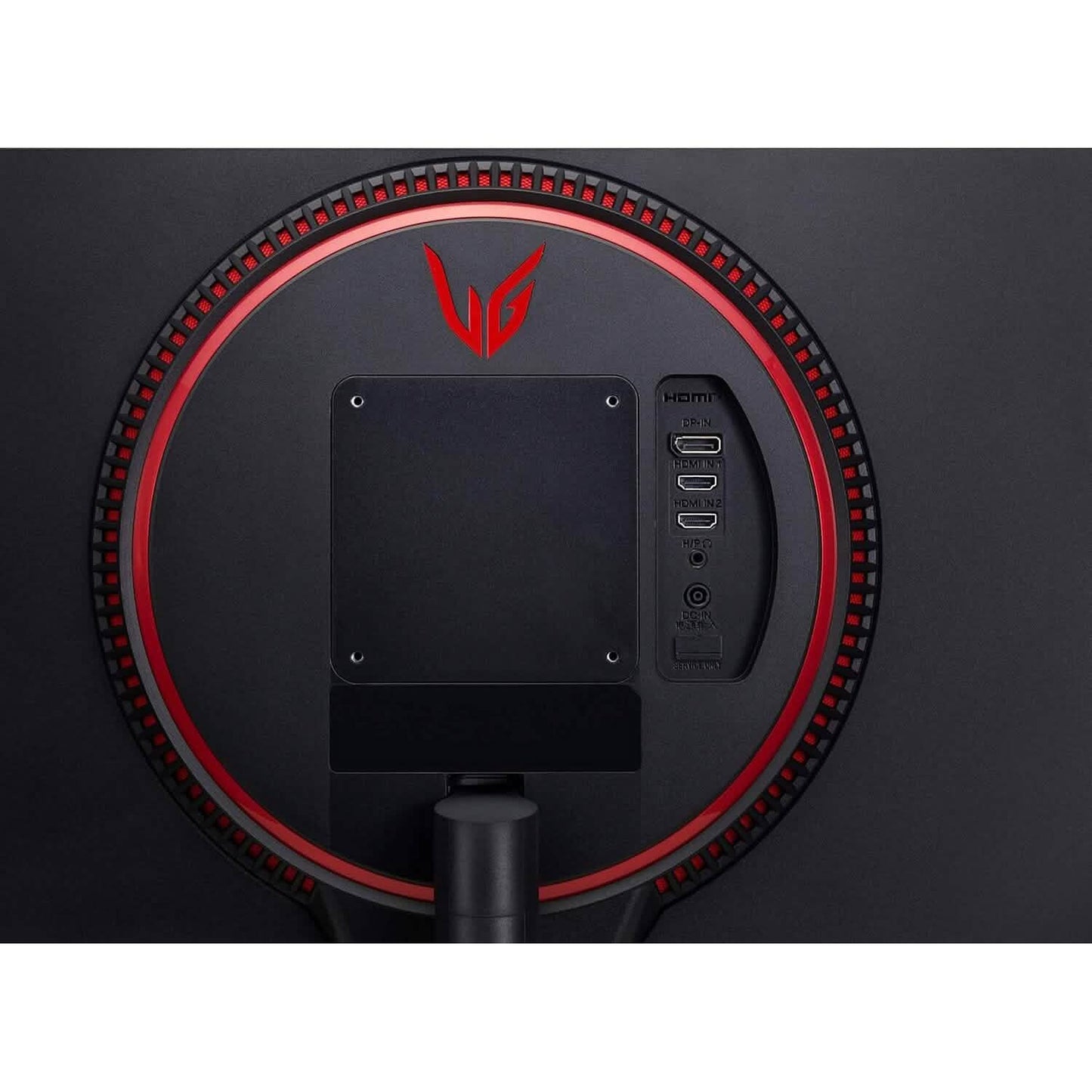 Gaming monitor rear ports panel with HDMI and display outputs, red LED ring.